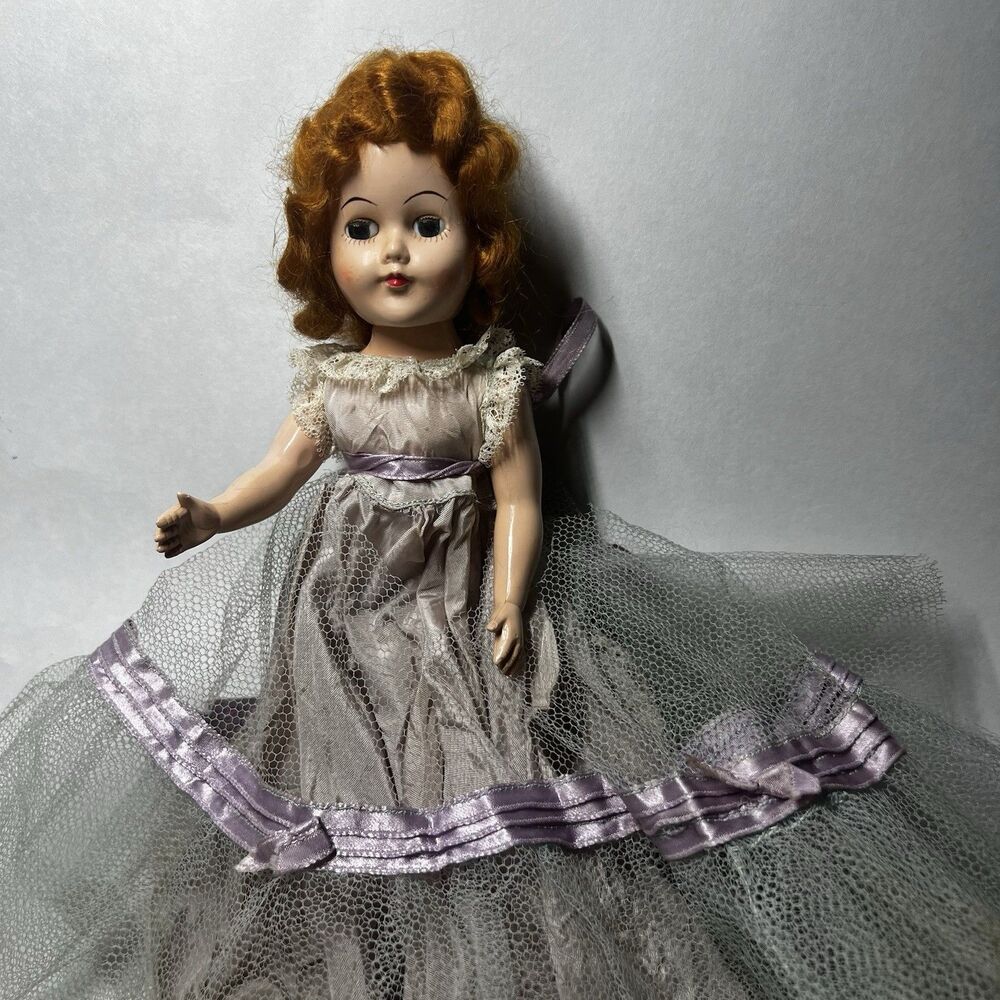 Vintage 1940s 1950s Hard Plastic Doll Red Hair Sleep Eyes 11" For Repair TLC